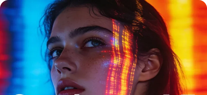 Crowds at the Landmark — Close-up face lit by projected stripes of red and blue light