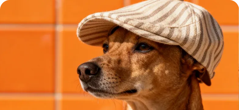 Wires Over the Street — Dog in a striped flat cap against a bright orange wall