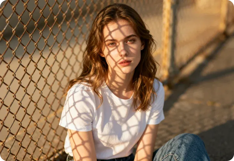 Speaker Cards — Golden-hour portrait of a woman in a white tee under chain-link fence shadows