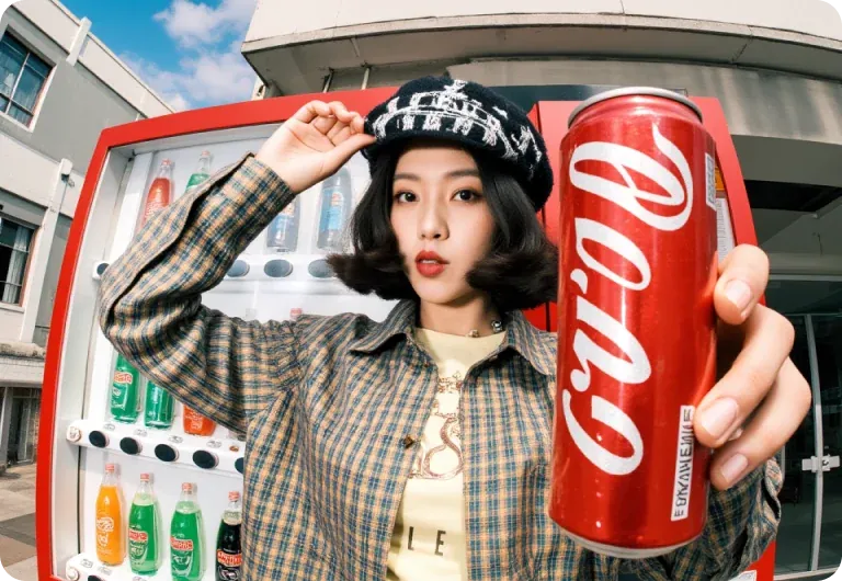 Scene Cameos — Fisheye shot of a woman holding a giant red soda can by a vending machine
