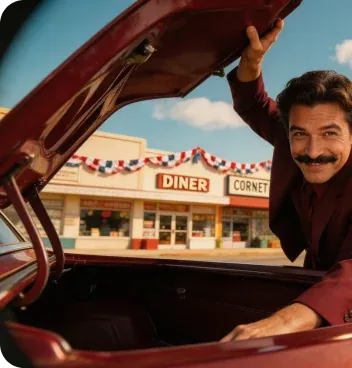 Brand Assets — Mustached man in a maroon suit lifting the trunk of a classic car by a diner