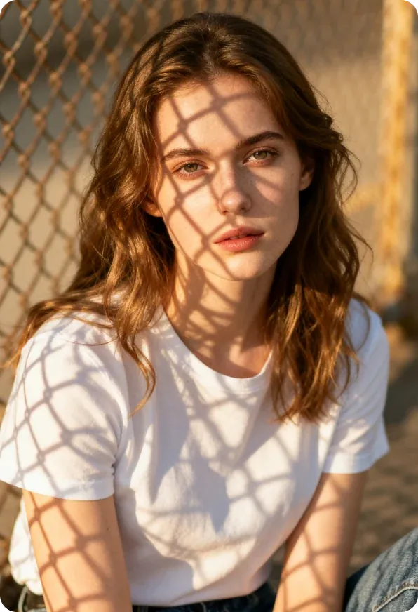 Golden-hour portrait of a woman in a white tee under chain-link fence shadows
