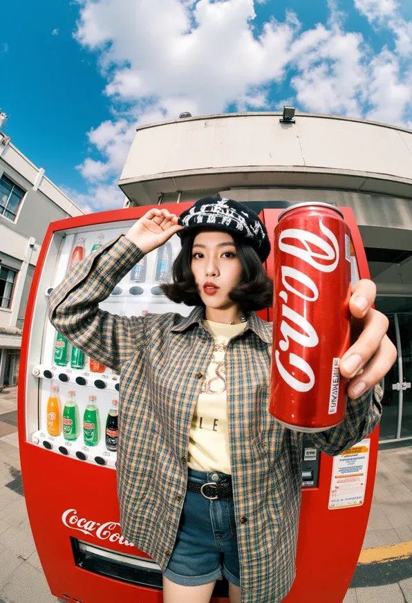 Fisheye shot of a woman holding a giant red soda can by a vending machine