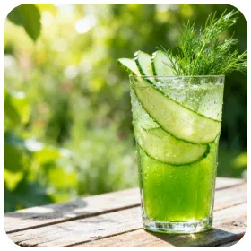 Tall glass of iced cucumber cooler with dill on a sunlit wooden table