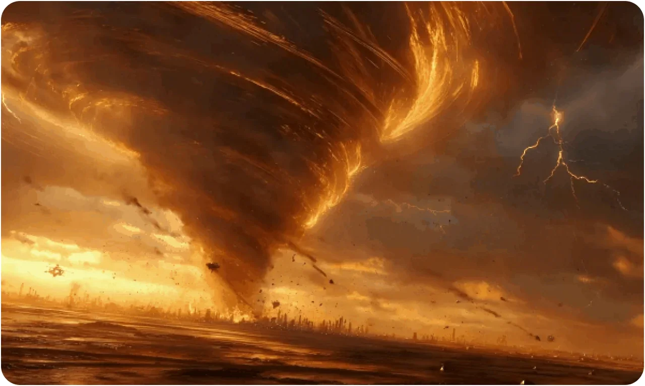 Notes on the Whiteboard — Towering firestorm tearing across a scorched plain under lightning